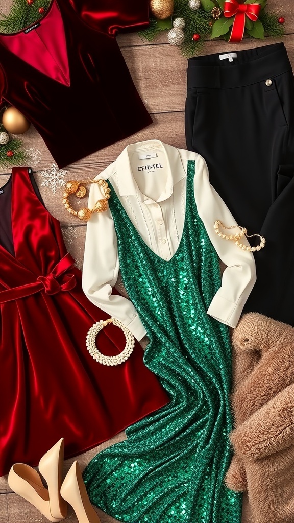 A collection of stylish Christmas outfits including dresses and chic separates on a festive background.